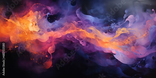 Style of wavy resin sheets with a color palette of dark violet and light orange, incorporating narrative diptychs, spiritual figures, interstellar nebulae, image noise, and shades of light black. © Fayrin