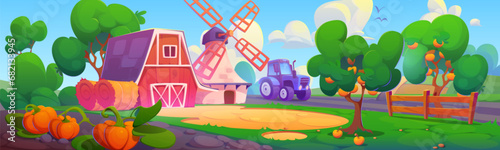 Cartoon farm landscape with barn, wind mill and tractor standing on field. Vector illustration of rural agriculture scenery with house and equipment in ranch, harvest of ripe pumpkins and apples.