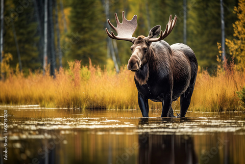 American moose Alces alces wading in water photo
