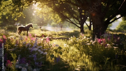 Dappled sunlight filters through the trees onto a field of wildflowers where horses graze.
