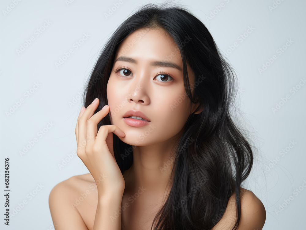 Asian woman face skin problem unhappy touch her skin. Asian woman touch face. Beauty and cosmetics skincare advertising Asian woman face skin problem unhappy touch her skin. Asian woman touch face. Beauty and cosmetics skincare advertising