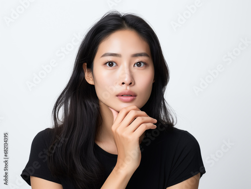 Asian woman face skin problem unhappy touch her skin. Asian woman touch face. Beauty and cosmetics skincare advertising