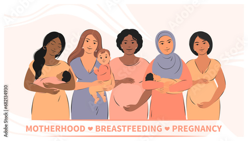 Group of pregnant women and women with children. Pregnancy, breastfeeding and motherhood. Vector illustration
