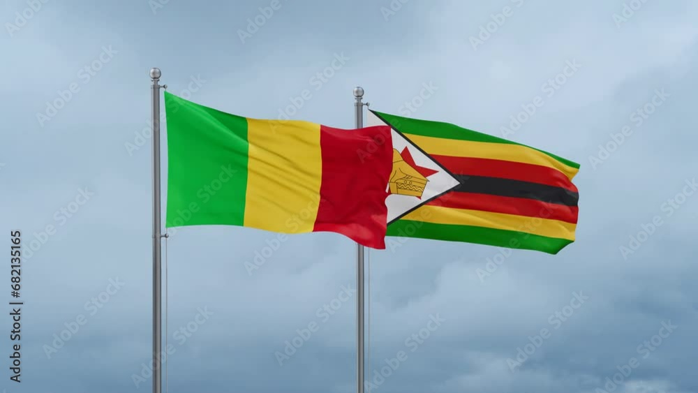 Zimbabwe and Mali flag waving together on cloudy sky, endless seamless loop, two country cooperation concept Zimbabwe and Mali flag waving together on cloudy sky, endless seamless loop, two country cooperation concept
