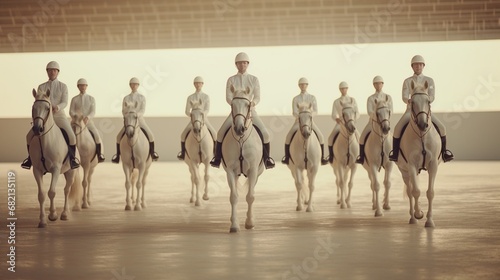 equestrian team practices synchronized riding routines.