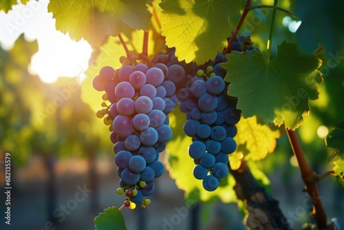 A close-up photograph of a bunch of grapes hanging from a vine. This image can be used to depict vineyards, agriculture, wine-making, or fresh produce