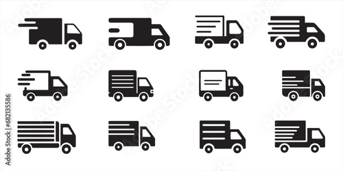 Fast moving shipping delivery truck icon set. Express delivery trucks icons. Fast shipping truck. Free delivery 24 hours. Logistic trucking sign. Vector illustration.