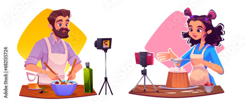 Cartoon food video blog vector illustration. Young woman and man cooking and streaming or recording process. People demonstrate tutorial of making dough, preparing pastry and pasta in front of camera