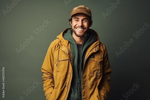 Portrait of a beautiful and handsome smiling, happy and pleased man with positive vibes. Human person dressed in fashionable, colorful and fun clothes. Generative AI, AI