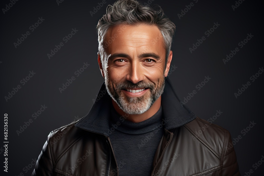 Obraz premium Portrait of a beautiful and handsome smiling, happy and pleased man with positive vibes. Human person dressed in fashionable, colorful and fun clothes. Generative AI, AI