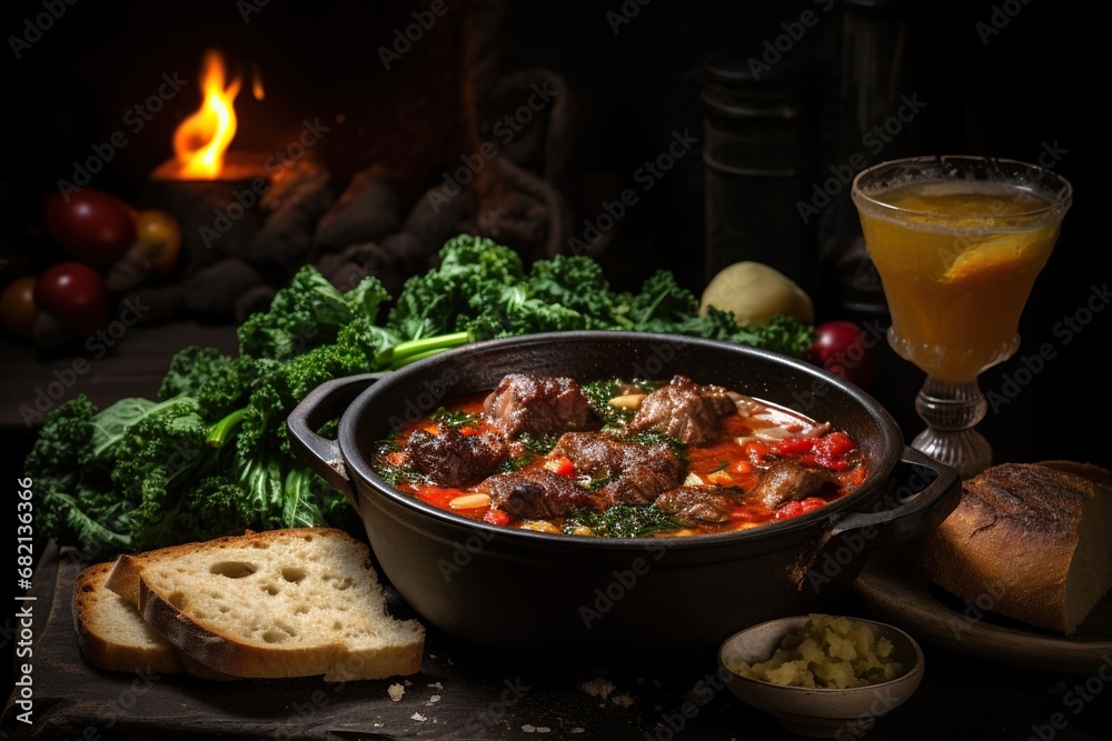Braised beef in traditional style, served in a cast iron pan with crusty bread and a vegetable garnish on a wooden board. Braised beef in traditional style, served in a cast iron pan with crusty bread and a vegetable garnish on a wooden board.