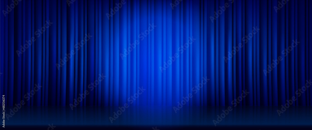 Blue curtain with light spot on stage. Vector realistic illustration of concert hall with glossy floor and fabric drapery, awarding or graduation ceremony, standup comedy show banner background
