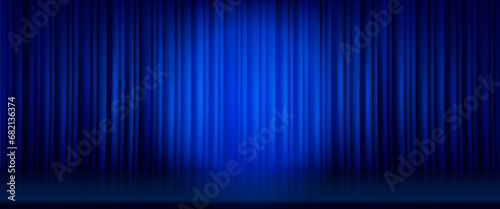 Blue curtain with light spot on stage. Vector realistic illustration of concert hall with glossy floor and fabric drapery, awarding or graduation ceremony, standup comedy show banner background