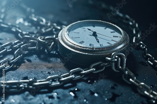 A pocket watch is securely chained to a chain. 