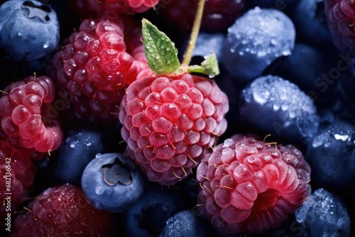 A close up view of a bunch of raspberries and blueberries. This vibrant image showcases the freshness and juiciness of the berries. Perfect for food-related projects or promoting healthy eating