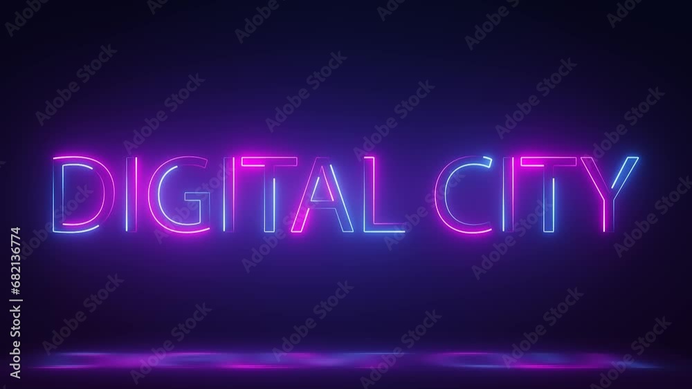 3d render, glowing neon digital city text animation on dark background, technology video material animation 3d render, glowing neon digital city text animation on dark background, technology video material animation