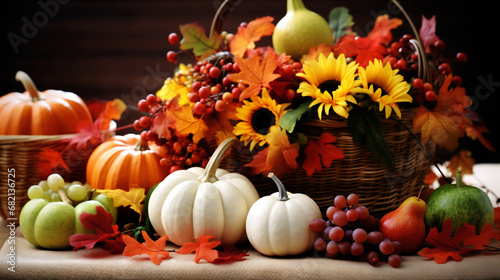 Bright background with beautiful thanksgiving decorating. Pumpkins with fruits  flowers  vegetables and leaves. AI generated 