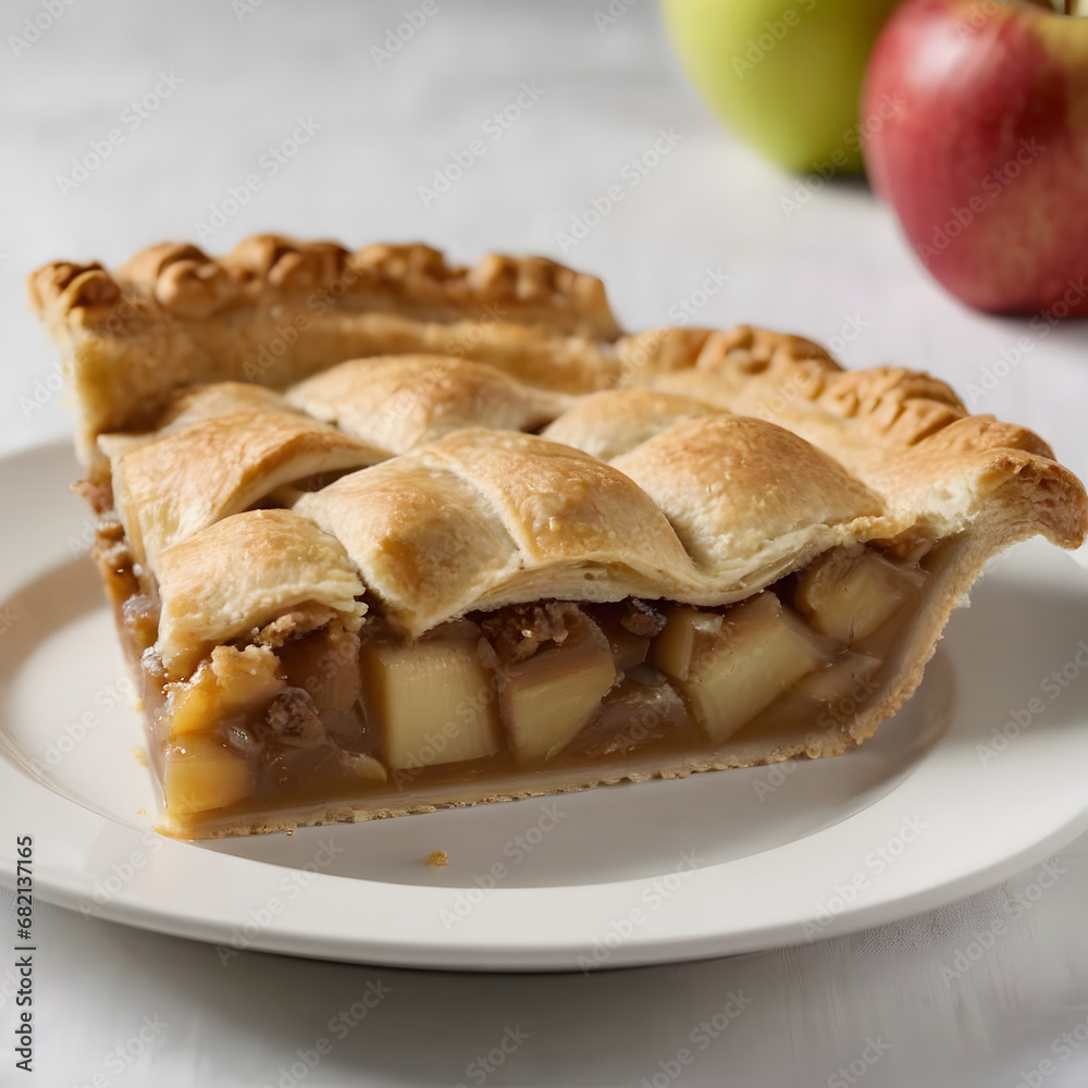Freshly Baked Homemade Apple Pie Slice on a White Plate with Lattice Crust, Ready to Serve, Ideal for Thanksgiving and Autumn Celebrations. Freshly Baked Homemade Apple Pie Slice on a White Plate with Lattice Crust, Ready to Serve, Ideal for Thanksgiving and Autumn Celebrations.