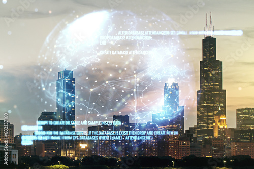Multi exposure of abstract creative coding sketch and world map on Chicago city skyline background, artificial intelligence and neural networks concept