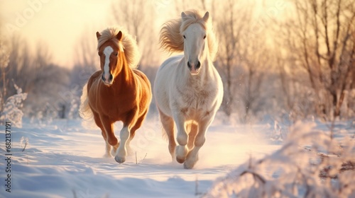 Horses frolic in the snow-covered paddock during a beautiful winter morning.