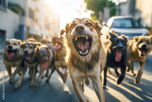 enraged dogs displaying aggressive behavior, barking and growling, indicating a potential threat and the need for caution.