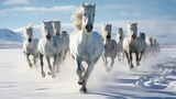 Horses frolic in the snow, leaving a trail of hoofprints in the pristine white landscape.