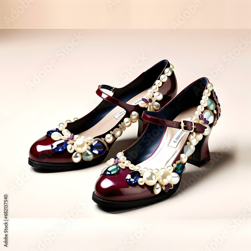 Exquisite Women's Pumps Shoes: Mother-of-Pearl, Pearls, and Precious Stones in a Palette of Beautiful Colors and Artistic Patterns.(Generative AI)
