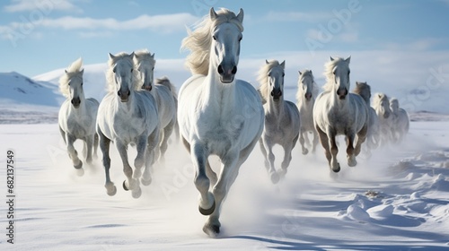 Horses frolic in the snow, leaving a trail of hoofprints in the pristine white landscape.