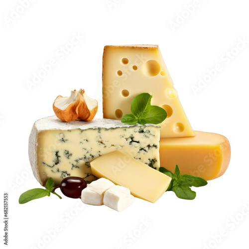 Assorted cheese and herbs on a transparent background, perfect for a gourmet cheeseboard.