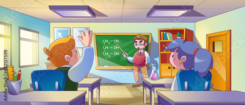 Students and teacher in school classroom studying chemistry. Cartoon vector of educational lab interior with furniture and equipment - tables and cupboard, blackboard with formula, glass flasks.