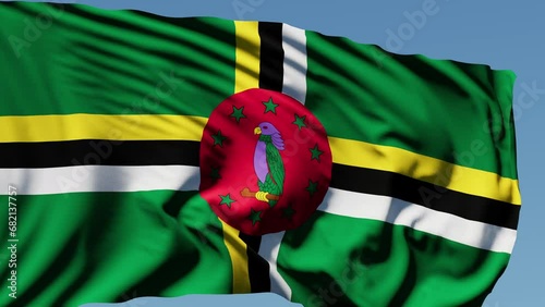 Close-up of the national flag of Dominica flutters in the wind on a sunny day , 4k slow motion photo