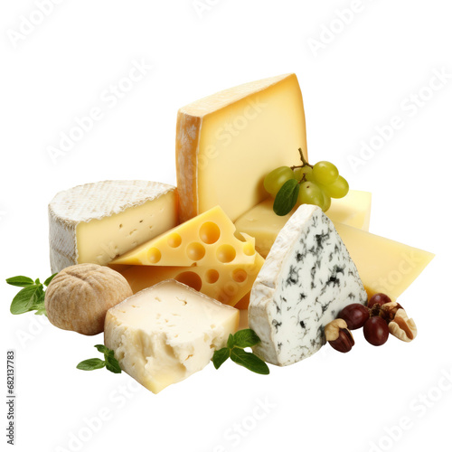 Assorted pile of cheese on a transparent background, perfect for a gourmet cheeseboard.