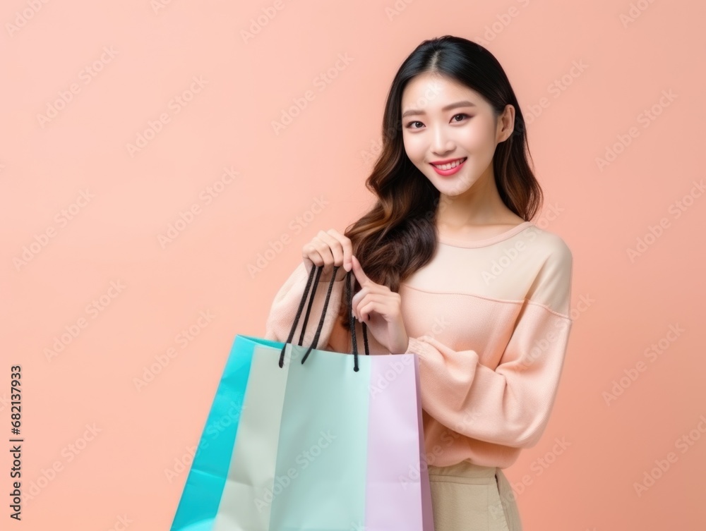 happy Asian woman holding paper shopping bags on pastel colored background