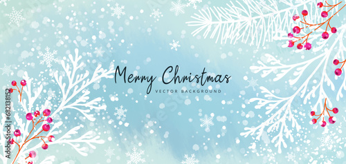 Christmas artistic abstract design. Winter snowy vector background with pine branches, berries and snowflakes for banner, poster, wallpaper, greeting card, advertising