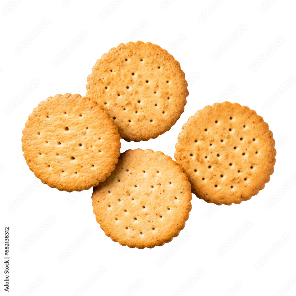 Round golden-brown crackers neatly arranged in a circular pattern on a transparent background.