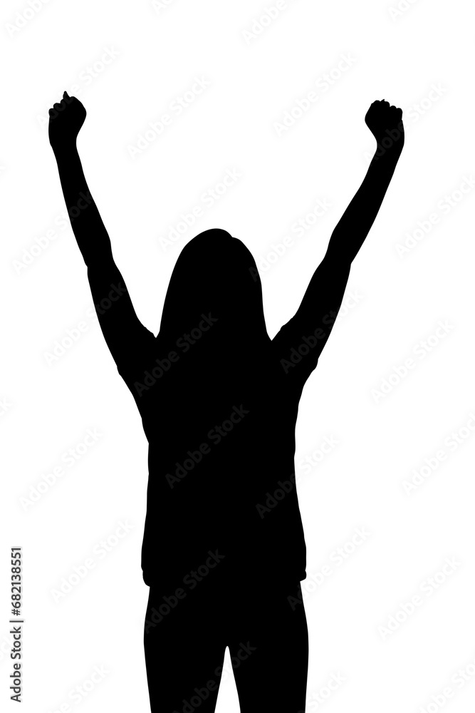 Digital png silhouette of woman with fists in air on transparent background Digital png silhouette of woman with fists in air on transparent background