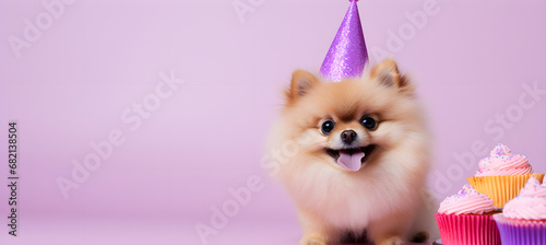 Happy cute pomeranian dog is celebrating birthday
