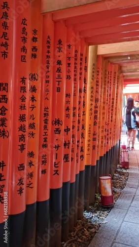 Kyoto, Japan on October 1 2023. Many tourists from Asia, America and Europe visit Fushimi Inari Taisha in Kyoto to take photos at the very famous Torii Gates. One of the favorite spots for tourists. photo