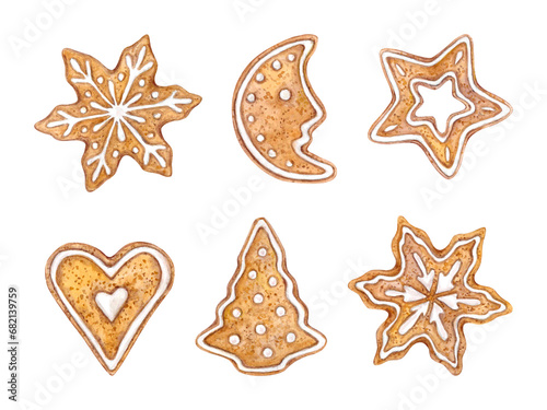 Ginger cookies of different shapes decorated with white icing on a white background. A Christmas treat. Watercolor illustration drawn by hand.
