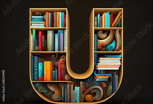 Letter U in form of bookshelf with book and texbooks. Educationa photo