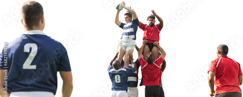 Digital png photo of diverse rugby players during match on transparent background