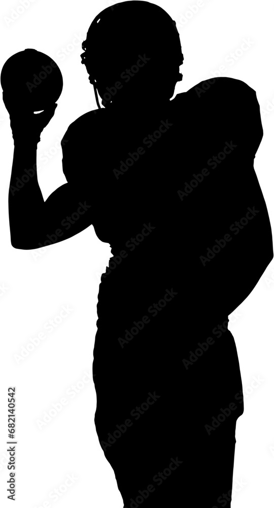 Digital png silhouette of american football player with ball on transparent background