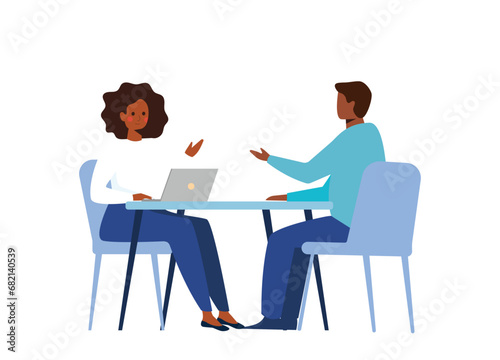 black people flat design character couple in cafe illustration or doing job interview