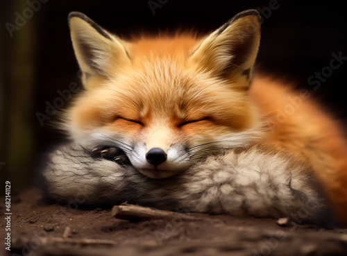 A cute fox sleeping in the woods in the middle of green leaves, 