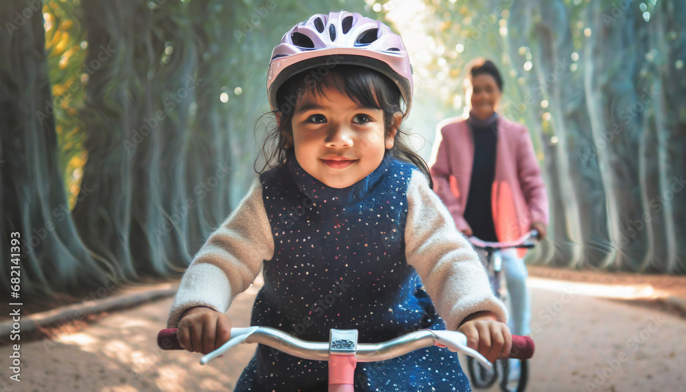 Dziewczynka jeżdżąca na rowerze ze swoją mamą. Opieka i spędzanie czasu z dzieckiem - obrazy, fototapety, plakaty 
