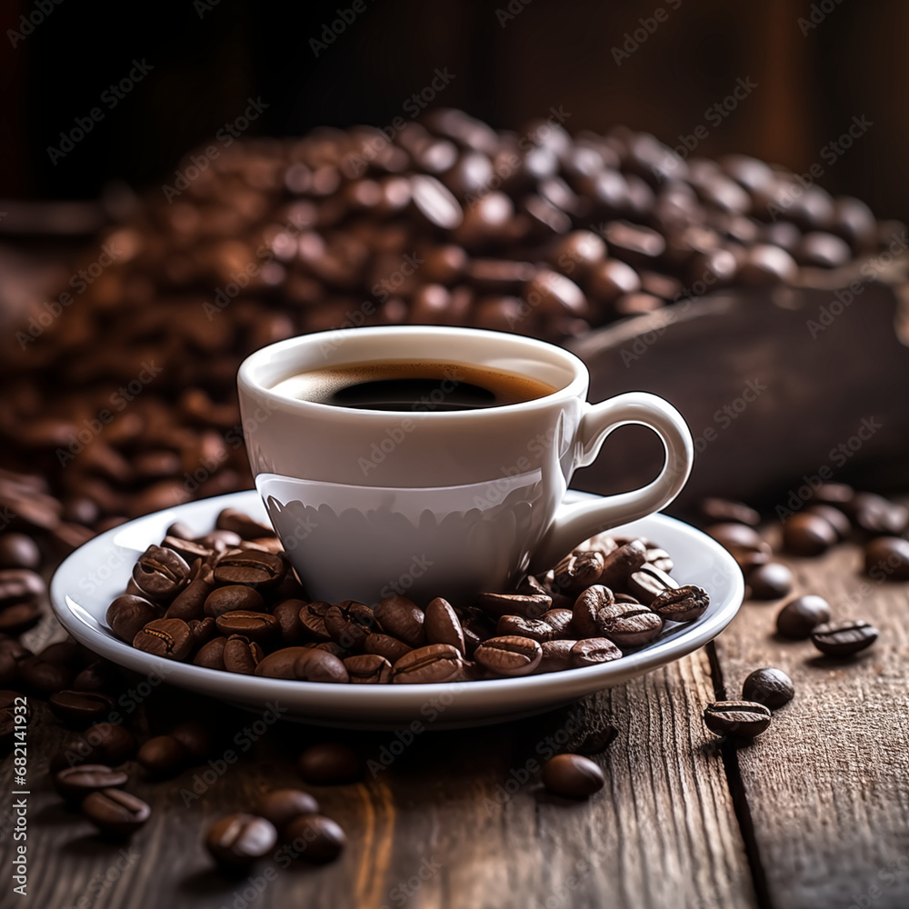 coffee cup with coffee bean on wooden table, depth of field coffee cup with coffee bean on wooden table, depth of field