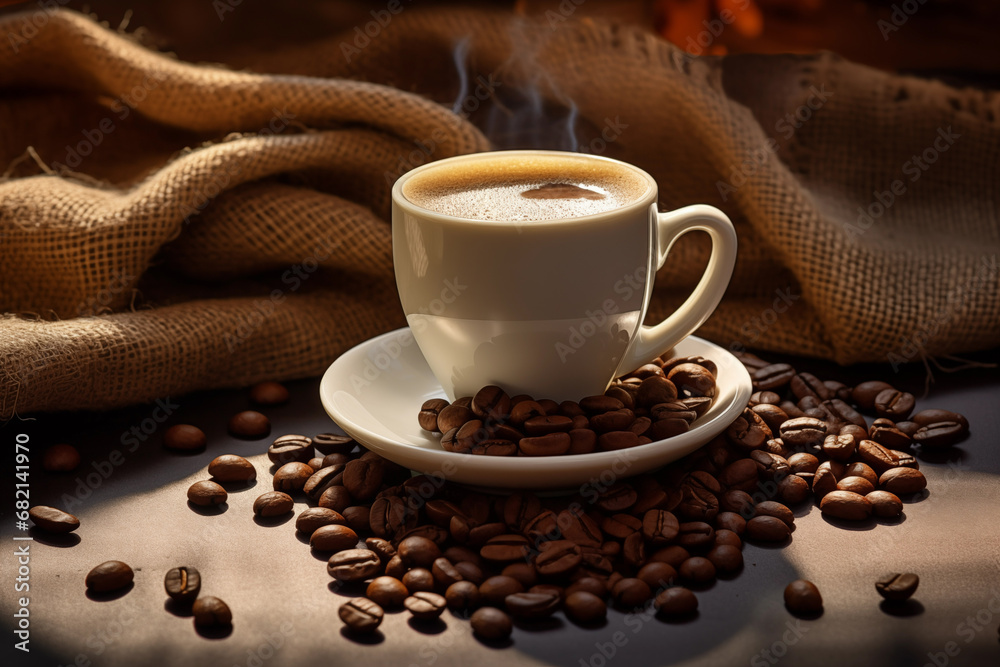 Freshly brewed steaming coffee in porcelain cup. Generative AI Freshly brewed steaming coffee in porcelain cup. Generative AI