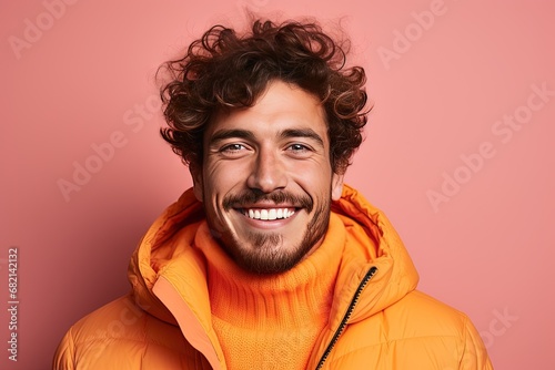 A beautiful and handsome smiling, happy and pleased man with positive vibes. Human person dressed in fashionable, colorful and fun clothes. Generative AI, AI © Merilno