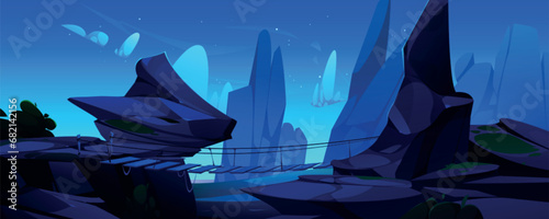 Old suspension bridge in night mountains. Vector cartoon illustration of wooden boards tied with rope above gap between rocky cliffs, stars and clouds glowing in dark sky, adventure game background