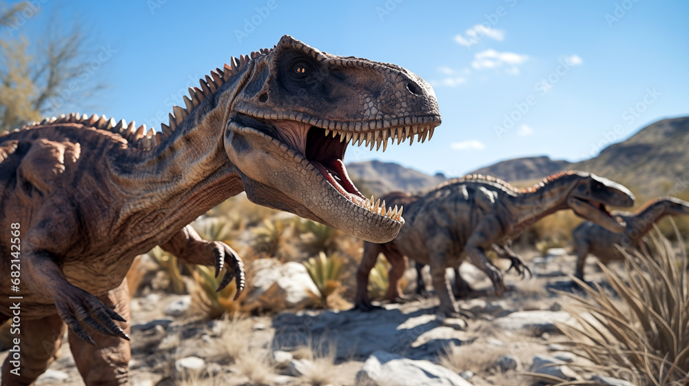 Gigantic dinosaurs predator running searching for food. Generative AI